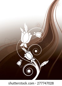 Vector Background with Brown Wavy Elements and White Flowers.