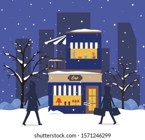 Vector background with building a cafe or restaurant in a winter park in winter or on Christmas Eve. People on the street. Building's facade. Cozy house in a snowy night city.