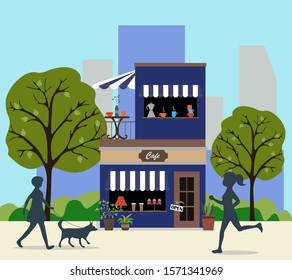 Vector background with building a cafe or restaurant in a summer park among green trees. People on the street. Building's facade. Cozy house in a green daytime city.