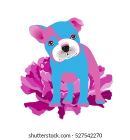 Vector background bulldog puppy and peony flower on a white background. Print, poster, postcard.