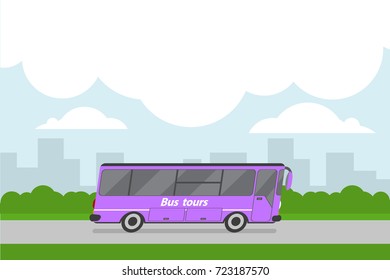 Vector background with bus on city backdrop