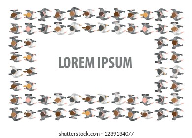 Vector background. Businessmen and businesswoman go in the shape of a rectangle. Top view. A group of professionals in the shape of a rectangular frame. Space for text.