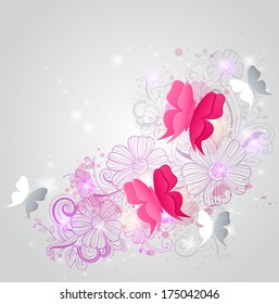 Vector background with butterflies and hand drawn red flowers