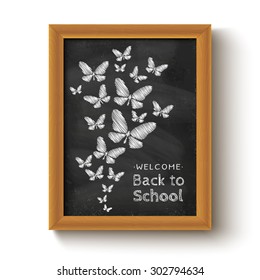 Vector background with butterfly on chalkboard for school day