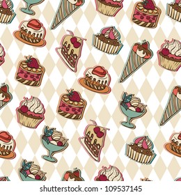 Vector background with of cake in retro style. Seamless pattern.