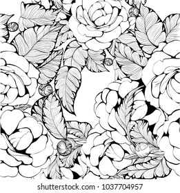 Vector background. Camellia - flowers and leaves. Seamless pattern. Perfumery and cosmetic plants. Wallpaper. Use printed materials, signs, posters, postcards, packaging. 