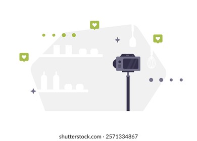 Vector background with camera on tripod, shelves, bottles and green heart icons. Background for blogs, social media banners or content related to photography and video shooting. Social media icons