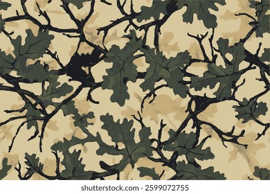 Vector background with a camouflage pattern featuring oak leaves and branches. Hunting Camouflage for military