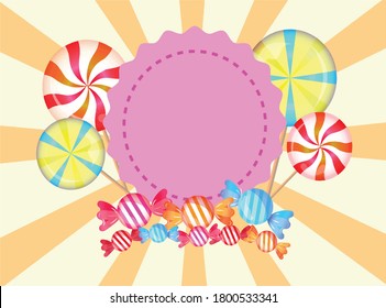 vector background of candies and lollipops with label for text