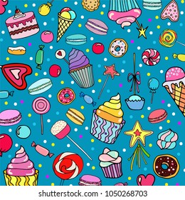 Vector background with candy, ice cream, candy, donuts, cupcake, macaroons and other sweets in doodle style. Print for textile, banners, label and flyer