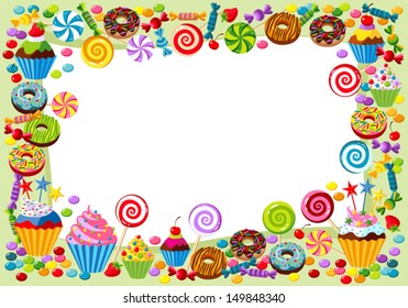 Vector background with candy, sweet and pastry and with place for your text.