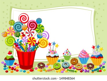 Vector background with candy, sweet and pastry and with place for your text.