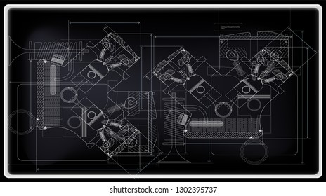 Vector background of the car engine and its components can be used as a technical background for illustration.