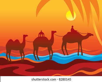 Vector background with caravan of camels approaching to oasis