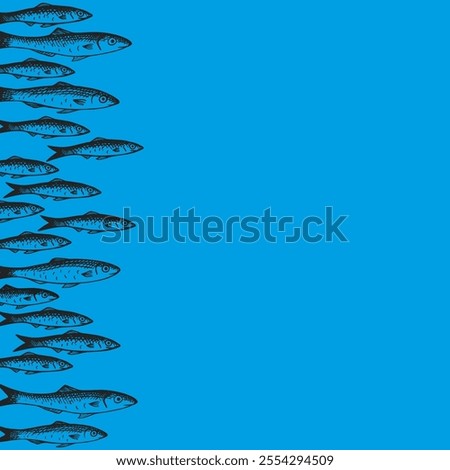 Vector background card with Anchovies for text. Engraved illustration of border with Fry. Hand drawn ink sketch of school of small sea Fish. Seafood, marine life, animals. Design for logo, label, sign