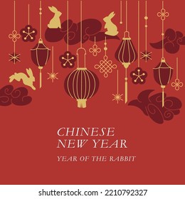 Vector background or card for Chinese new year with illustration rabbits and paper lanterns and decoration