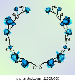 vector background or card design with hand drawn watercolor paint blue flowers, floral frame