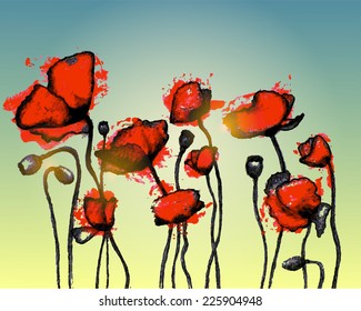 vector background or card design with watercolor paint red poppy flowers