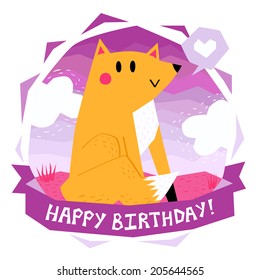 Vector background and card Happy Birthday with cute funny cartoon fox sitting on the grass and heart in speech bubble (illustration)