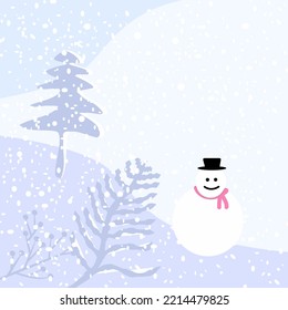 vector background card for new year. happy snowman, pine tree, leaves and snow flake on christmas eve