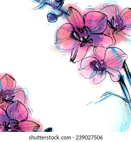 vector background / card with purple orchid/ branch flower/ watercolor sketch