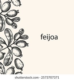 Vector background card for text with engraved Feijoa plant. Hand drawn label with branch and fruits of tropical berry edible feijoa. Food, dessert. Design border for wrapping, template, paper, logo