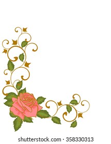 Vector background, card in vintage style with rose. Pink rose design with retro elements.