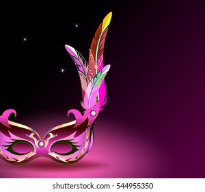Vector background with carnival mask for Mardi Gras decorated with feathers
