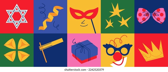 Fondo vectorial con símbolos de carnaval y objetos judíos tradicionales. Concepto de Happy Purim