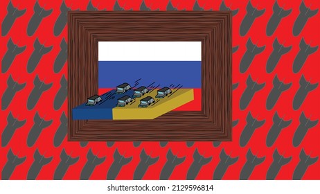Vector background of cars on the road in the colors of the Ukrainian flag departing from the image with the Russian flag. Background in deep red with falling bombs.