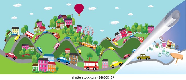 Vector background with cars on the road. Summer and winter