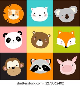 Vector background with cartoon animals. Animal face: cartoon lion, fox, panda, koala, bear, pig, raccoon, fox, monkey, cat. Pattern for kids
