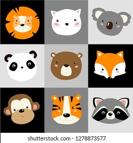 Vector background with cartoon animals. Animal face: cartoon lion, fox, panda, koala, bear, pig, tiger, fox, monkey, cat. Pattern for kids
orange, black, gray, white
