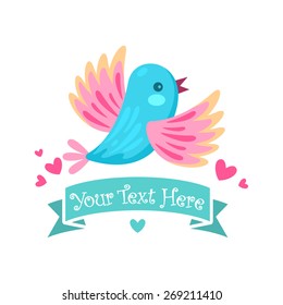 Vector background with cartoon bird and ribbon for greeting and invitation cards
