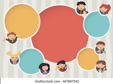 Vector background with cartoon family. Circle frames for text. Infographic template design with balls.