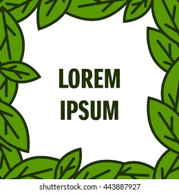 Vector background with cartoon  leaves. Space for your text. Frame of green leaves isolated on white background. 