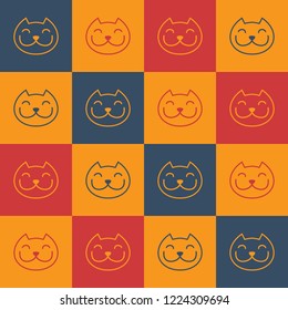 Vector background of cartoon logo style smiling cat head - seamless pattern made with red blue and yellow squares