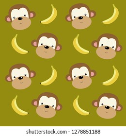 Vector background with cartoon monkeys and bananas. Muzzle monkey Pattern for kids
