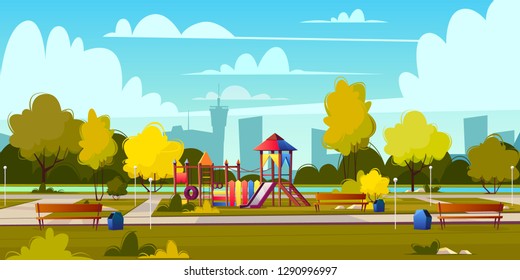 Vector background of cartoon playground in park at summer. Landscape with green trees, plants and bushes. Recreation area with trackway for people. Amusement space with swings, benches and pond.