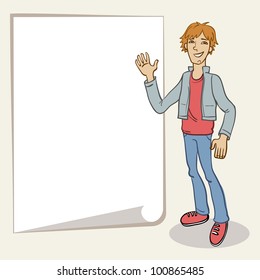 Vector background with cartoon smiling young man and banner. Abstract illustration with personage, frame and text box