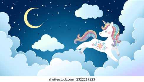 Vector background in cartoon style for magic design. Cute unicorn jumps on fluffy clouds in the night sky