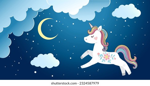 Fondo vectorial en estilo de caricatura para el diseño mágico. Cute unicornio salta sobre nubes esponjosas en el cielo nocturno