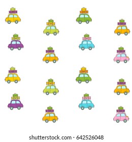 Vector background with cartoon transport. I like to travel. Multicolored retro cars. Can be printed on fabric.