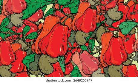 Vector background of cashew tree branch including cashew fruit and cashew nuts. Illustration background used for packaging design and grocery store.