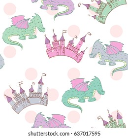 Vector background with castle and cartoon dragons. Seamless pattern can be used for wallpapers, pattern fills, web page backgrounds,surface textures