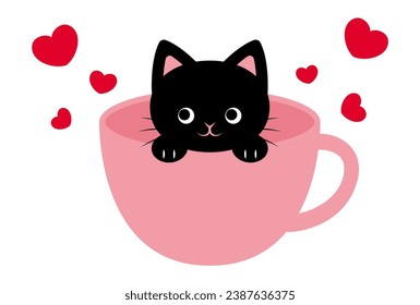 vector background with a cat in a coffee cup and hearts for banners, cards, flyers, social media wallpapers, etc.
