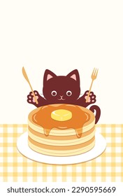 vector background with a cat eating pancakes for banners, cards, flyers, social media wallpapers, etc.