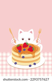 fondo vectorial con un gato comiendo panqueques para carteles, tarjetas, volantes, fondos de pantalla de medios sociales, etc.