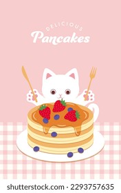 vector background with a cat eating pancakes for banners, cards, flyers, social media wallpapers, etc.