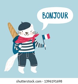 Vector background with cat, speech bubble and text "Hello" in French. Cute cartoon character. Childish poster with smilinh kitten.